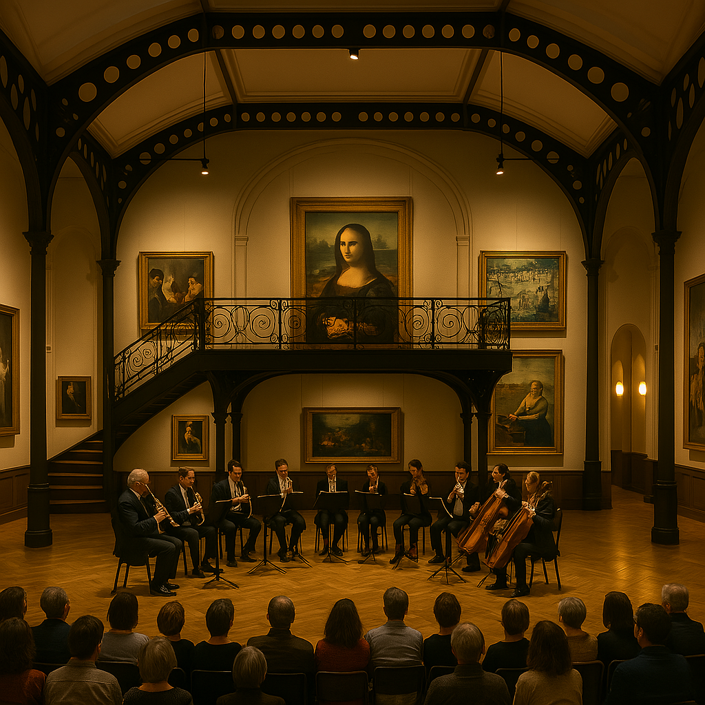 "Groupe de personnes assises autour d'une table dans une salle décorée de peintures classiques, dont la Joconde accrochée au mur."