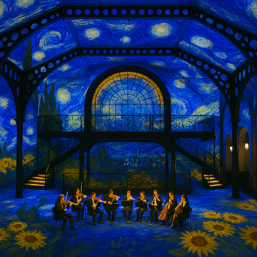 "Scène de théâtre avec un décor inspiré de La Nuit étoilée de Van Gogh, comprenant un balcon, un escalier et des artistes alignés en bas de la scène."