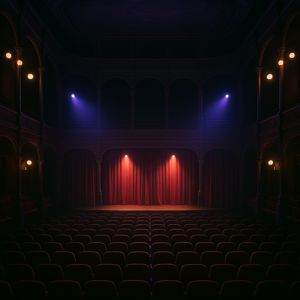 Une scène de théâtre vide est éclairée par deux projecteurs violets venant d'en haut et deux projecteurs rouges au sol, avec des rangées de sièges vides visibles au premier plan.