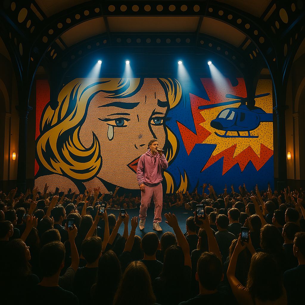 "Scène de théâtre avec un décor style bande dessinée représentant une femme et un hélicoptère, avec un(e) artiste en rose devant le public."