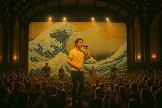 "Scène de théâtre avec un décor représentant La Grande Vague de Kanagawa de Hokusai, avec un(e) artiste sur scène face au public."