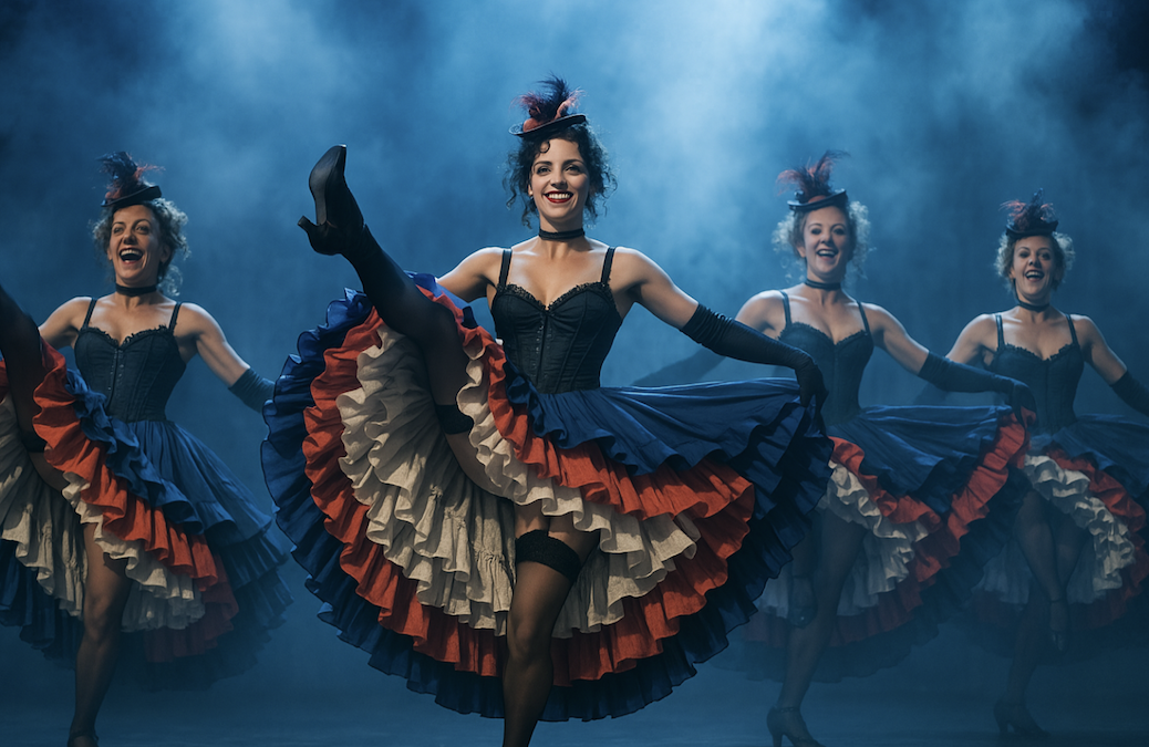 Trois femmes en costumes traditionnels de french cancan avec des chapeaux à plumes élaborés, des jupes à volants et des corsets se produisent sur une scène enfumée, souriant et levant les jambes.