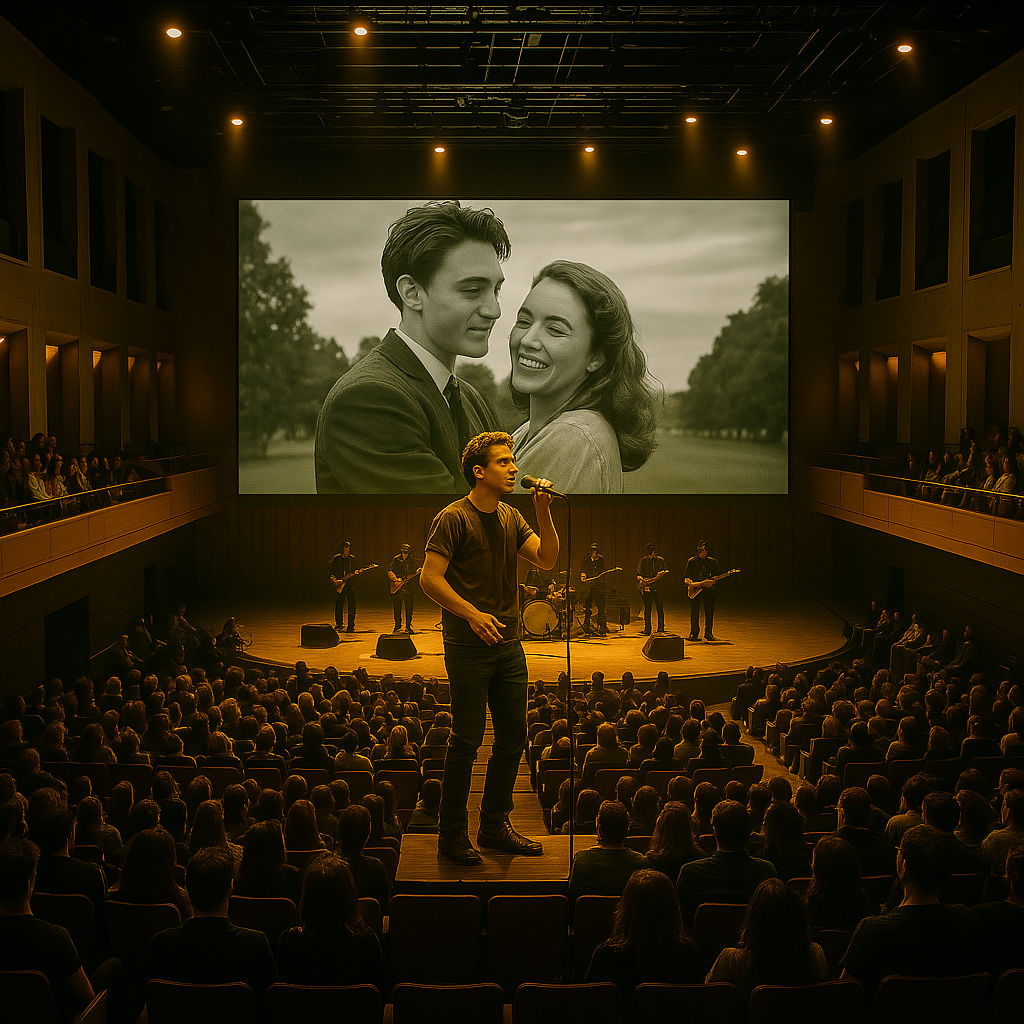 "Scène de théâtre avec un artiste tenant un micro, devant une projection en noir et blanc de deux personnes s’embrassant."