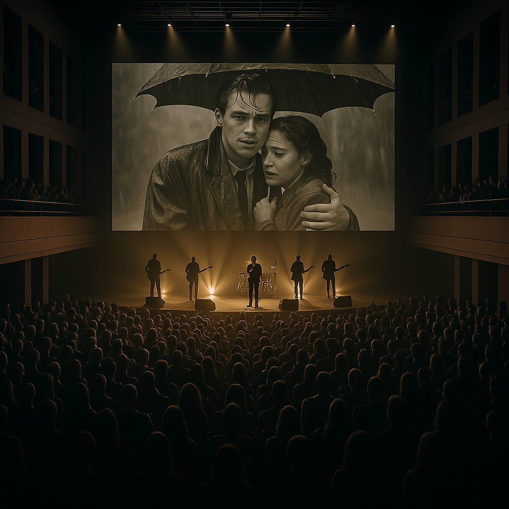 "Groupe d’artistes sur scène, avec en arrière-plan une image d’un couple enlacé."