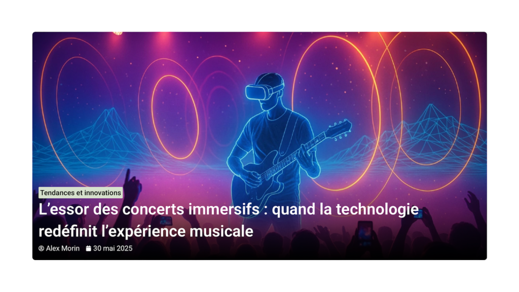 Un musicien virtuel portant un casque VR joue de la guitare au centre d'une scène baignée de lumières néon bleues et oranges, avec une foule de spectateurs en silhouettes au premier plan. L'image illustre le concept des concerts immersifs et l'intégration de la technologie.