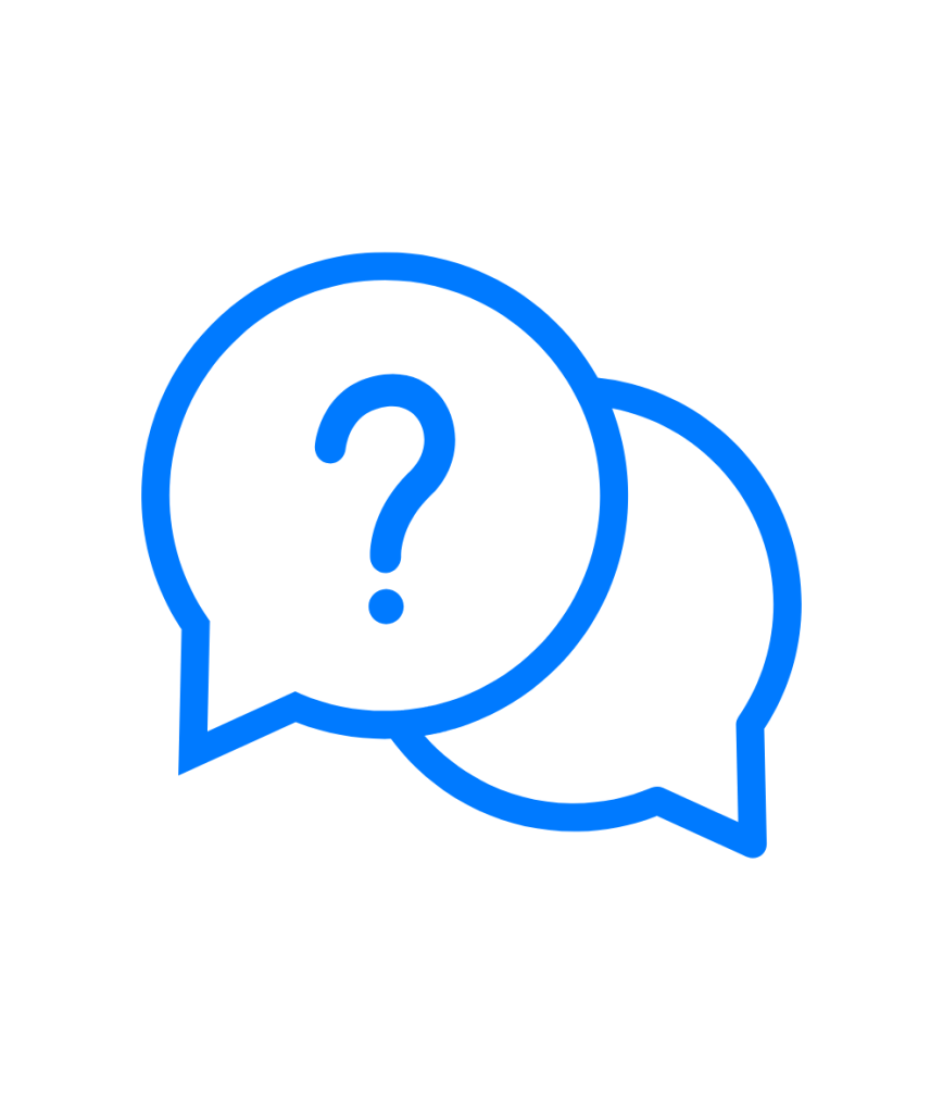 Illustration en trait épais avec bulles de dialogue et point d’interrogation – visuel FAQ concerts immersifs Vibes