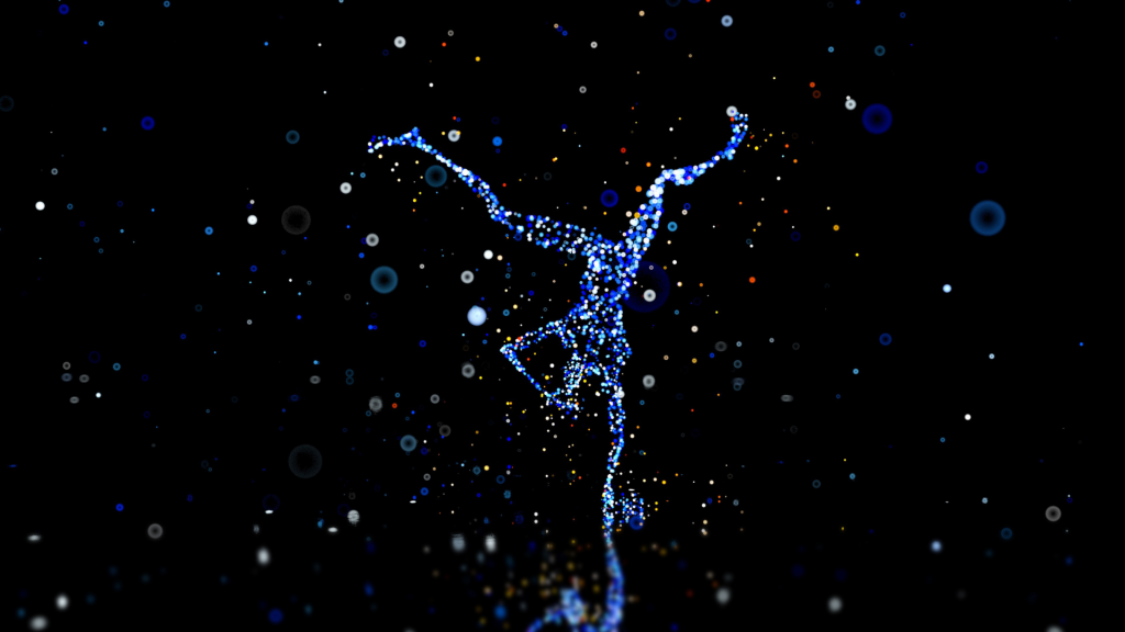 Fond abstrait sombre avec des points lumineux bleus évoquant le mouvement, illustrant la catégorie musicale Hip-Hop.